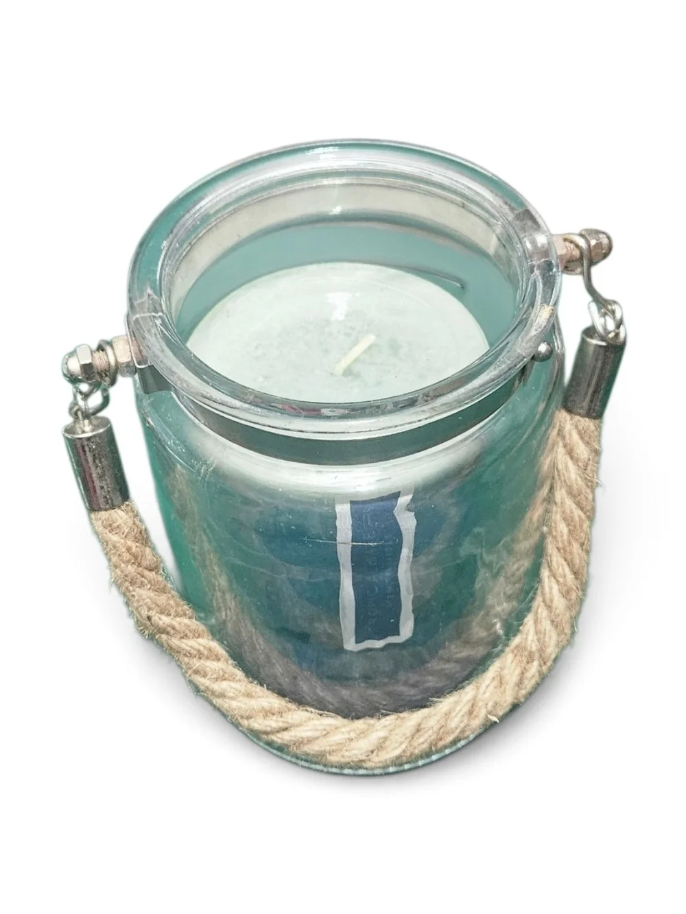 Coastal Aqua Glass Jar Candle Holder w/Tropical Waters Candle Jute Rope Handle